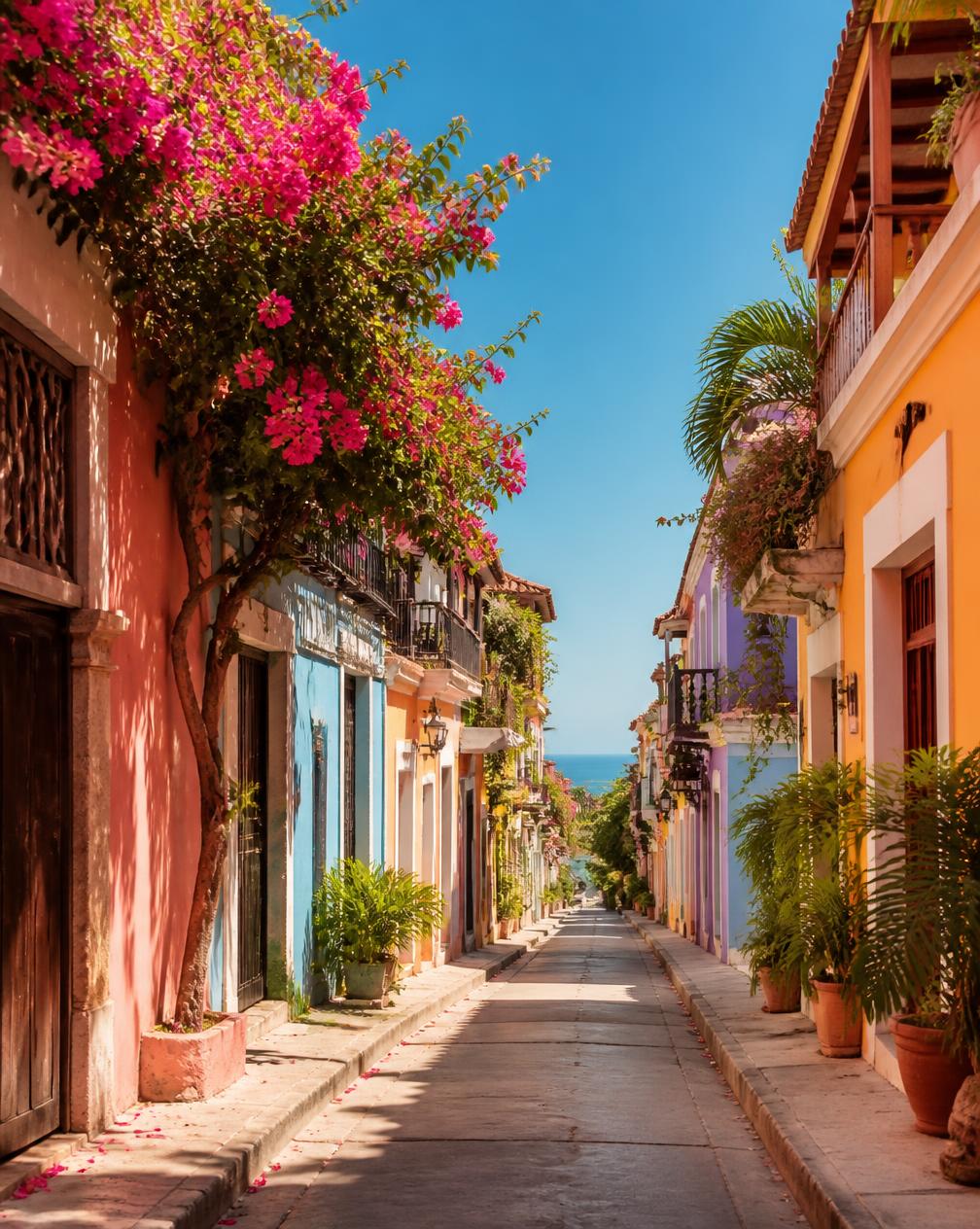 Ruelle colorée d'une ville côtière ensoleillée