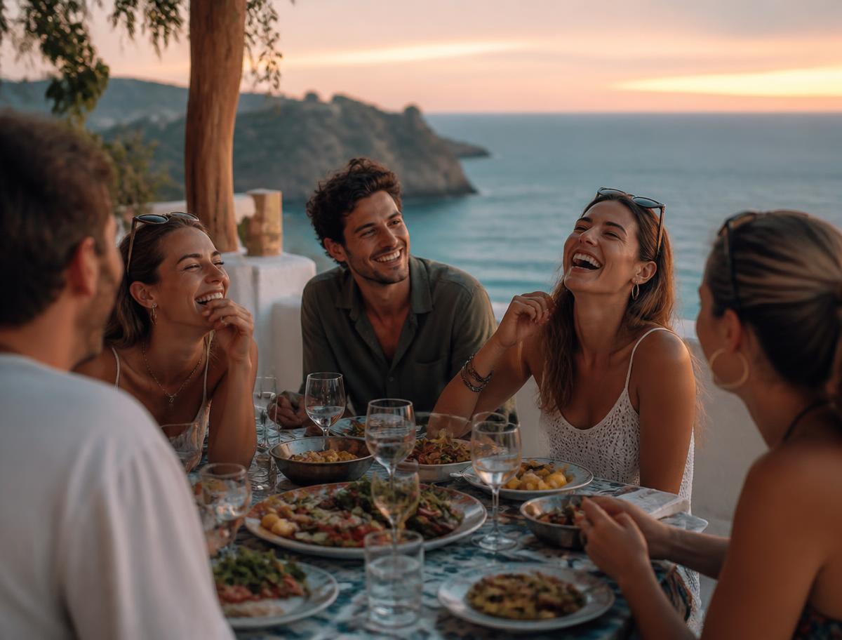 Groupe d'amis attablés face à la mer au coucher du soleil
